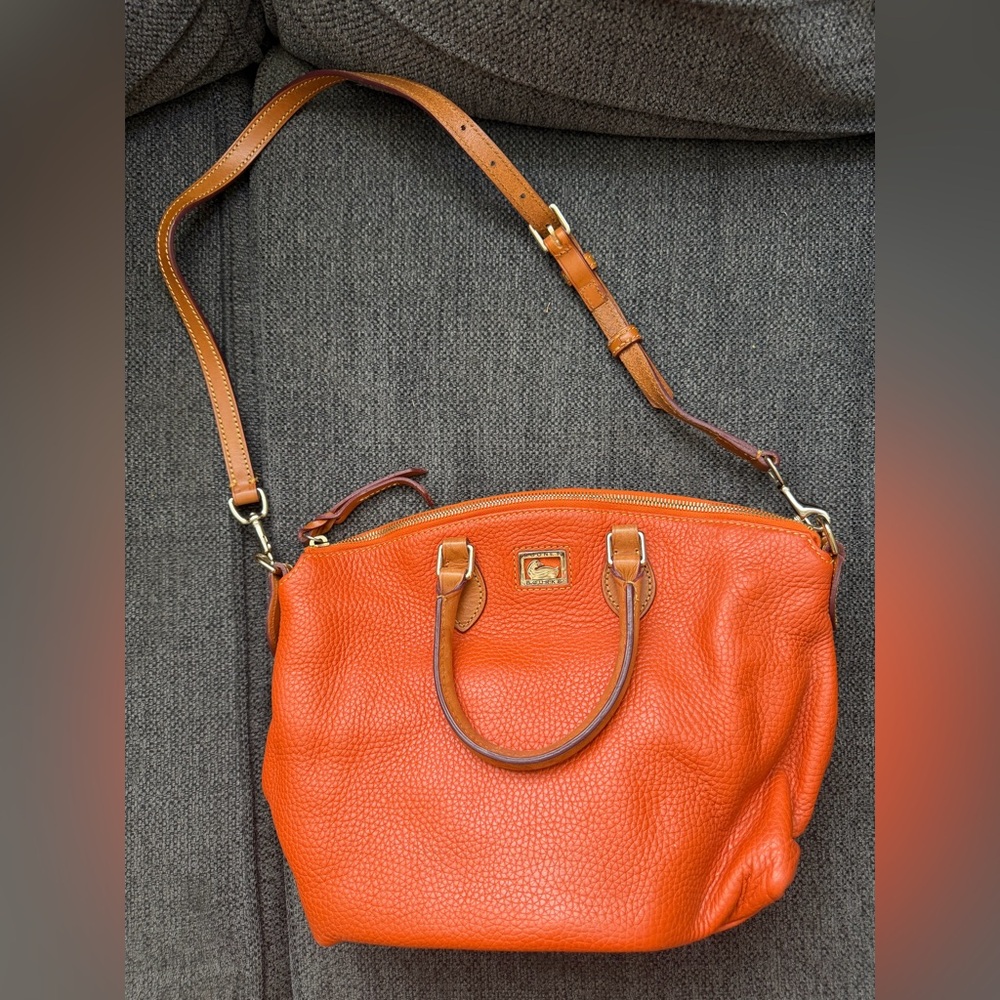 Dooney & Bourke Orange Pebbled Leather Crossbody Satchel with Tan Trim - Picture 2 of 8